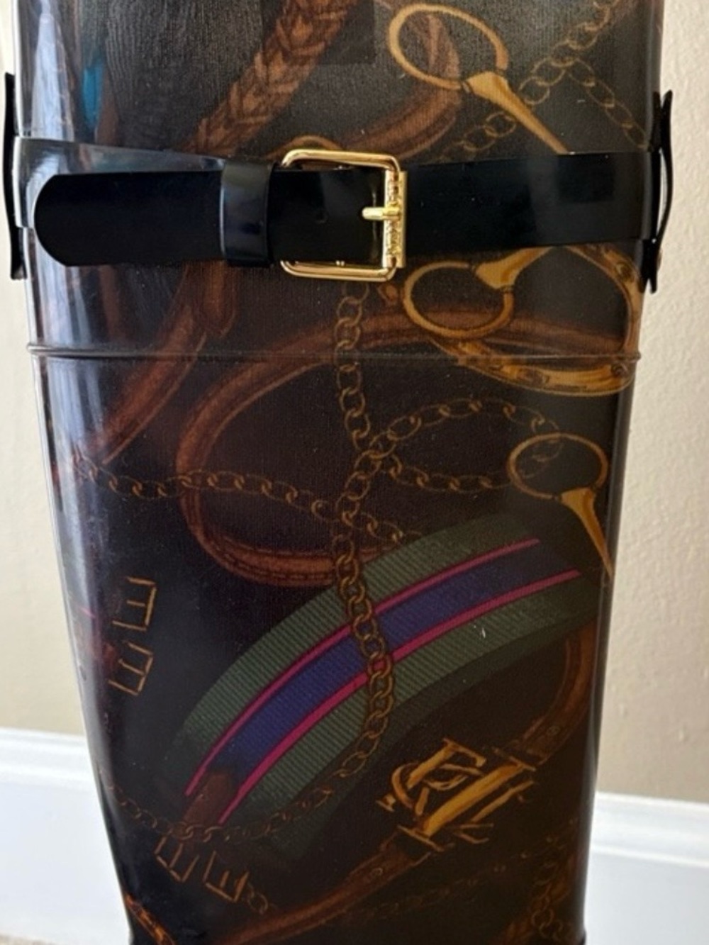 Lauren Ralph Lauren Rossalyn Equestrian  Patterned Rain Boots with Gold  Buckle - Picture 8 of 8